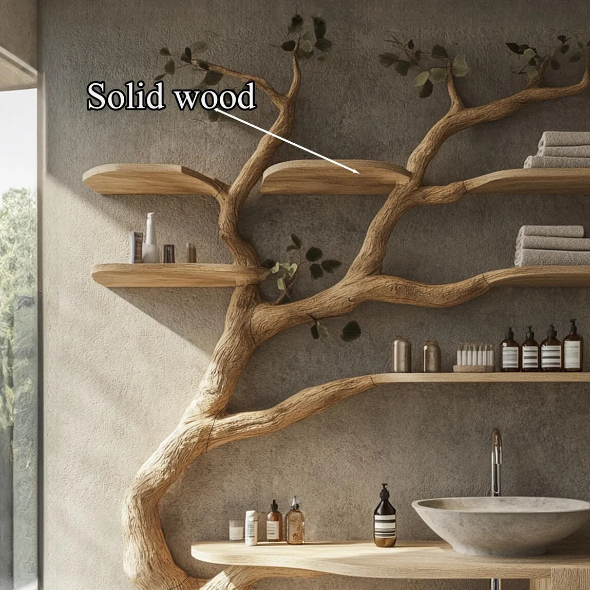 Rustic solid wood vanity handmade with mini sink, floating shelves tree branches, bathroom decor art gift her - Image 4