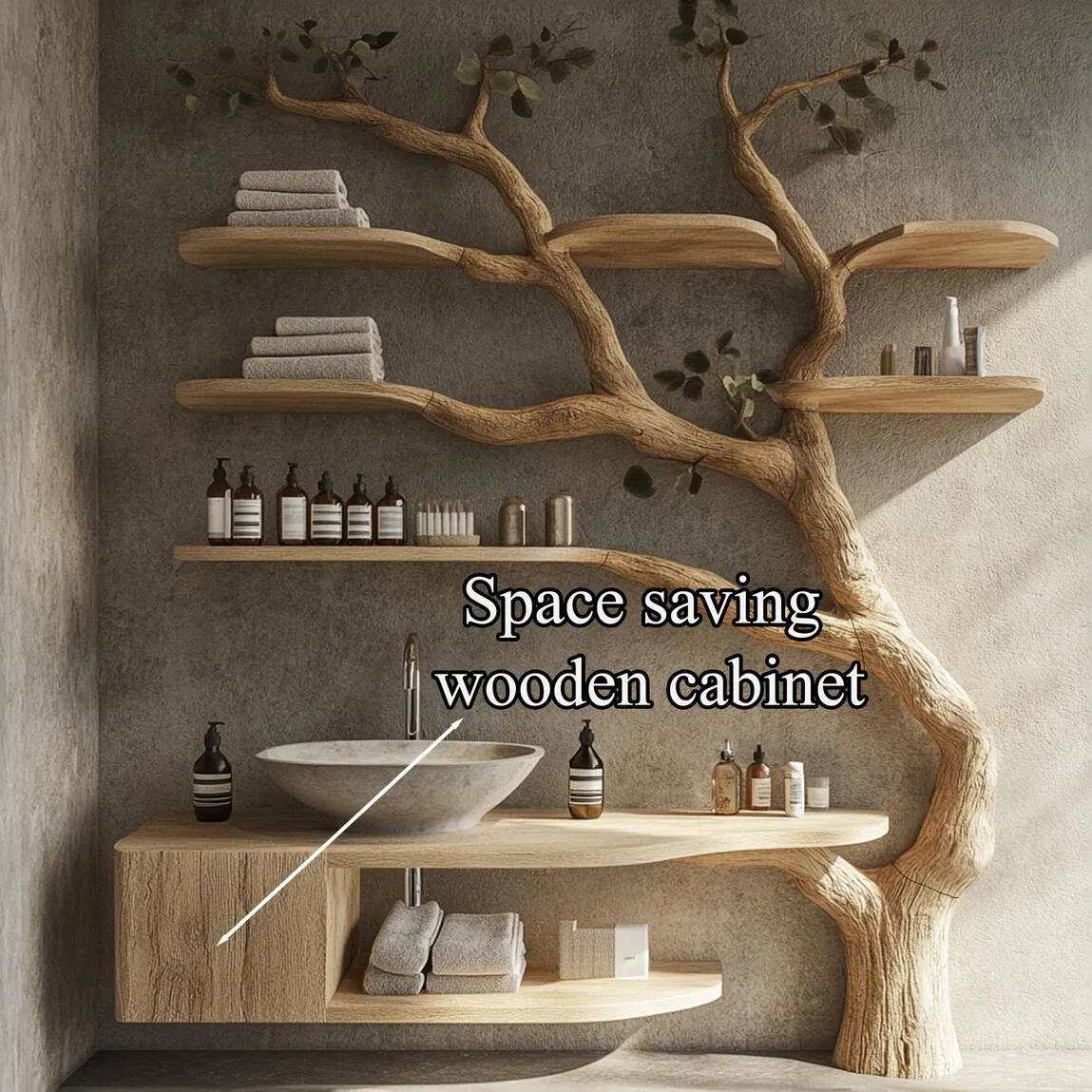 Rustic solid wood vanity handmade with mini sink, floating shelves tree branches, bathroom decor art gift her - Image 5