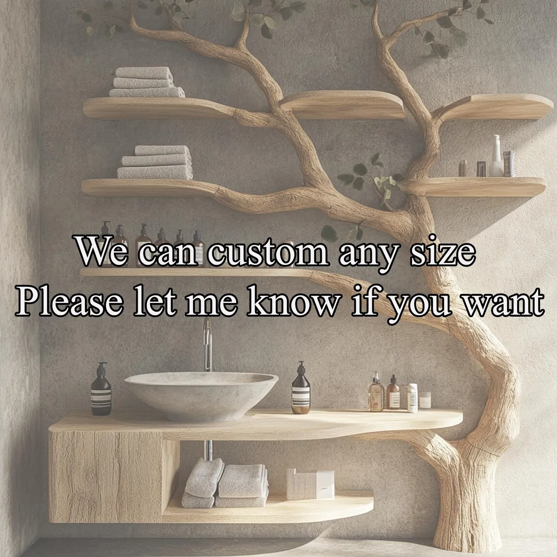 Rustic solid wood vanity handmade with mini sink, floating shelves tree branches, bathroom decor art gift her - Image 6