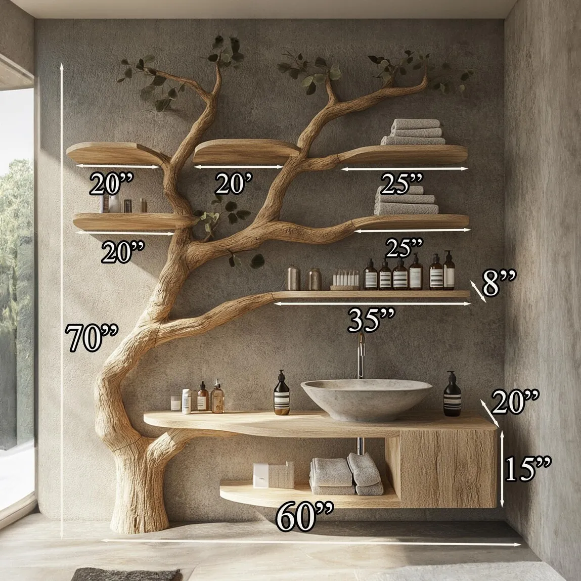 Rustic solid wood vanity handmade with mini sink, floating shelves tree branches, bathroom decor art gift her - Image 7
