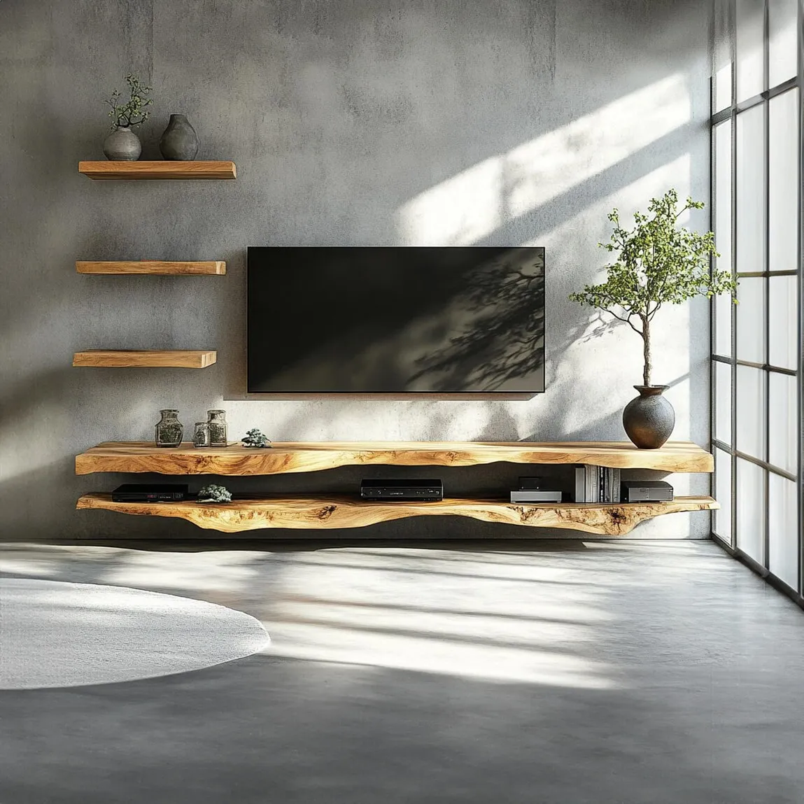Solid Wood TV Shelf Rustic Floating Shelf Modern TV Cabinet with Live Edge Display Shelf for Living Room Home Decor
