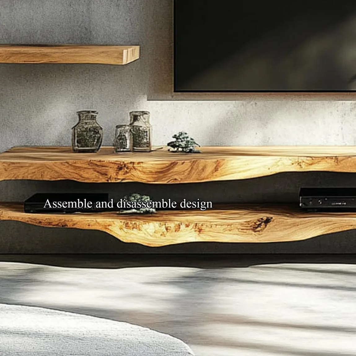 Solid Wood TV Shelf Rustic Floating Shelf Modern TV Cabinet with Live Edge Display Shelf for Living Room Home Decor - Image 4