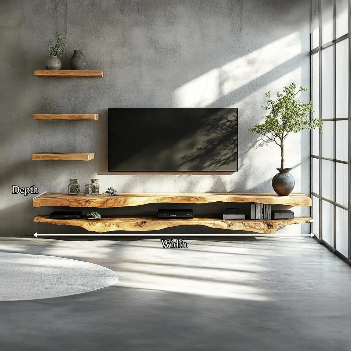 Solid Wood TV Shelf Rustic Floating Shelf Modern TV Cabinet with Live Edge Display Shelf for Living Room Home Decor - Image 6