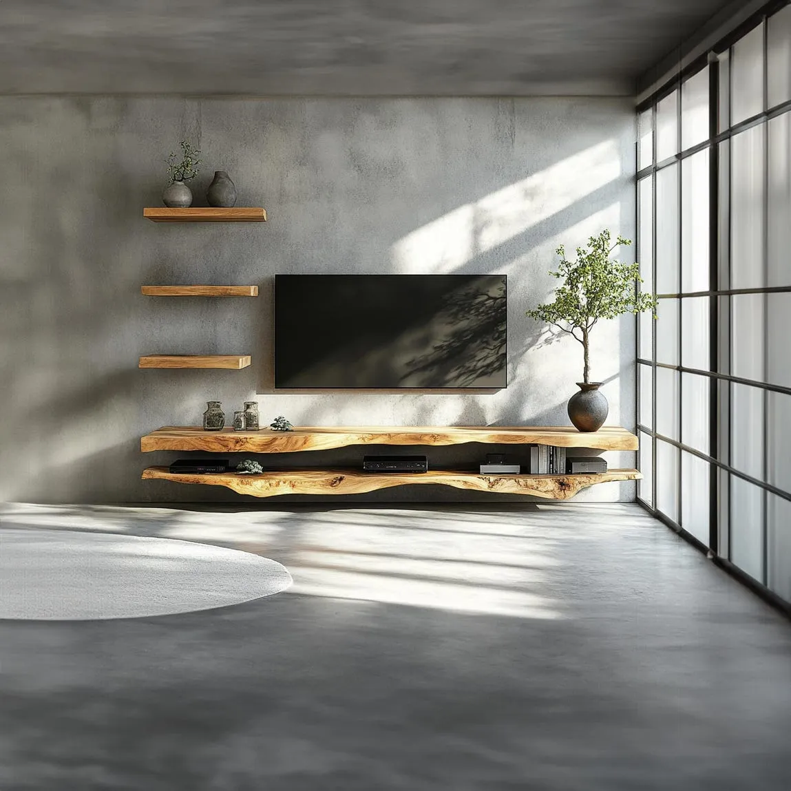 Solid Wood TV Shelf Rustic Floating Shelf Modern TV Cabinet with Live Edge Display Shelf for Living Room Home Decor - Image 7