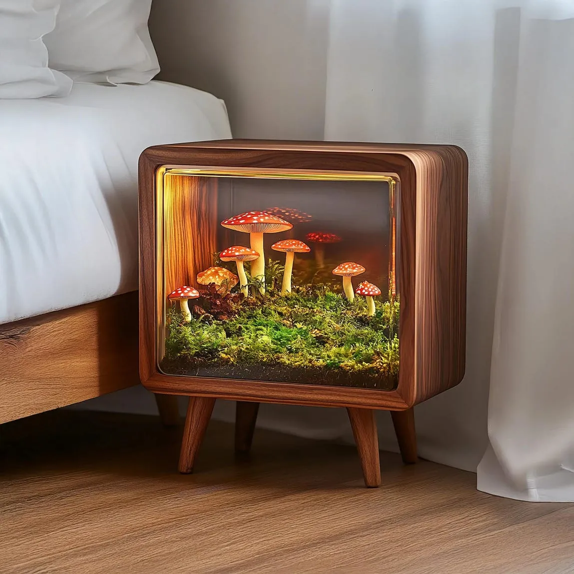 Wooden cabinet mushroom night light handmade bed side table curiosity cabinet mushroom lamp decor home birthday gift