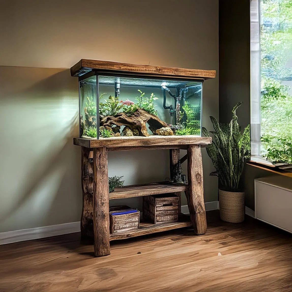Rustic Fish Tank Handmade Wood Stand Natural Wood Stand Live Edge Aquarium Organic Wood Tank Decor Living Room Personalized Gift