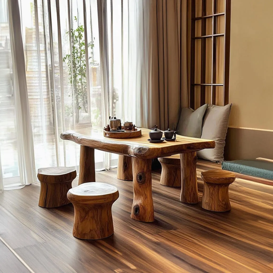 Custom Table and Chair Sets Natural Colors Handmade Solid Wood Designer Impressive Style Tea Tables Home Decor Gift Her
