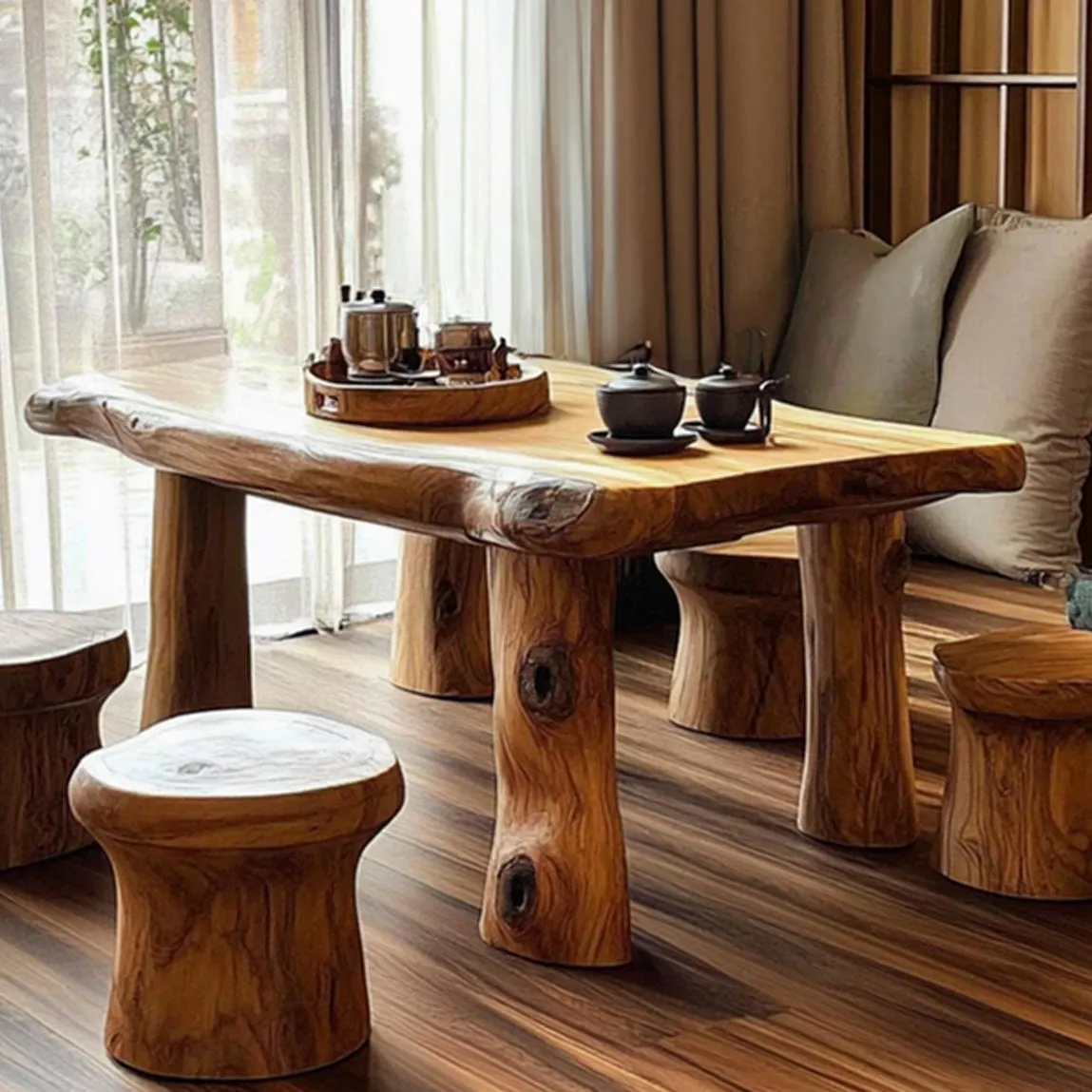 Custom Table and Chair Sets Natural Colors Handmade Solid Wood Designer Impressive Style Tea Tables Home Decor Gift Her - Image 5