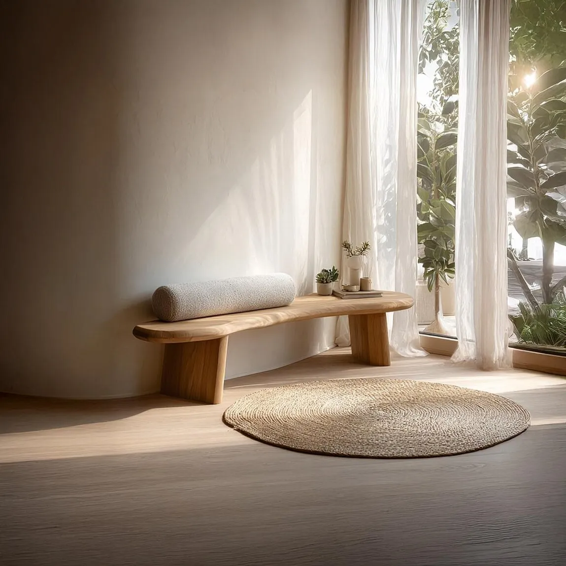 Rustic Solid Wood Bench, Minimalist Japandi Style Entryway Bench, Handcrafted Wooden Seating Furniture