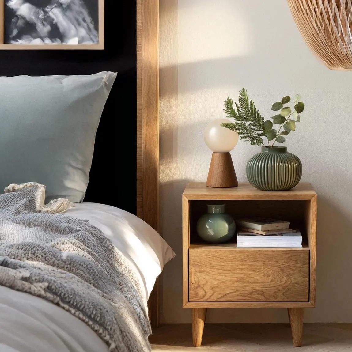 Minimalist Oak Nightstand Handmade Wooden Bedside Table with Drawer Scandinavian Bedroom Furniture, Modern Home Gift