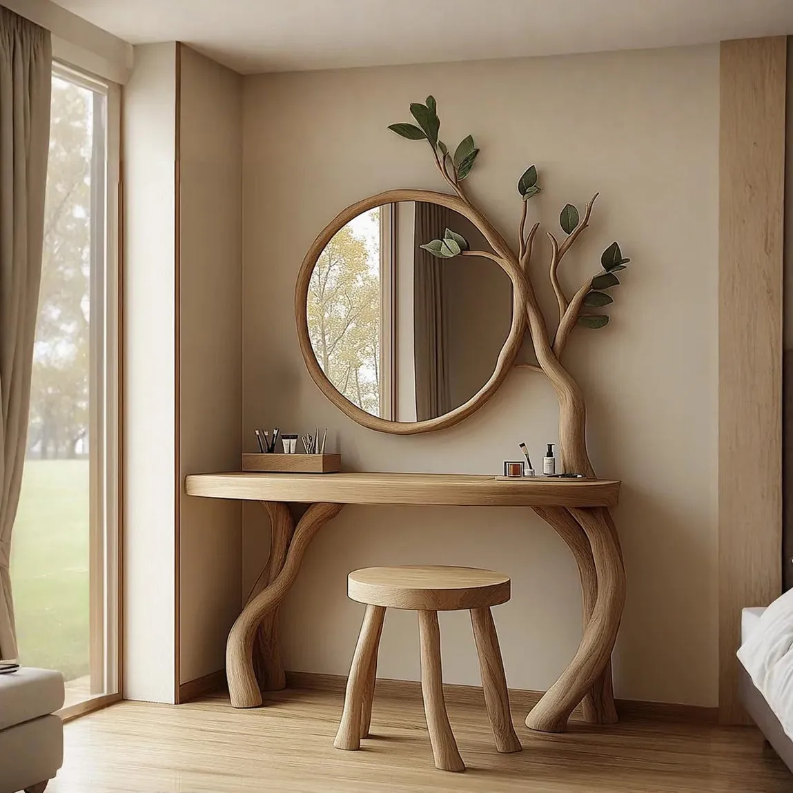 Custom dressing table solid wood mirror vanity table handmade unique grain wood bathroom wall art gift for her