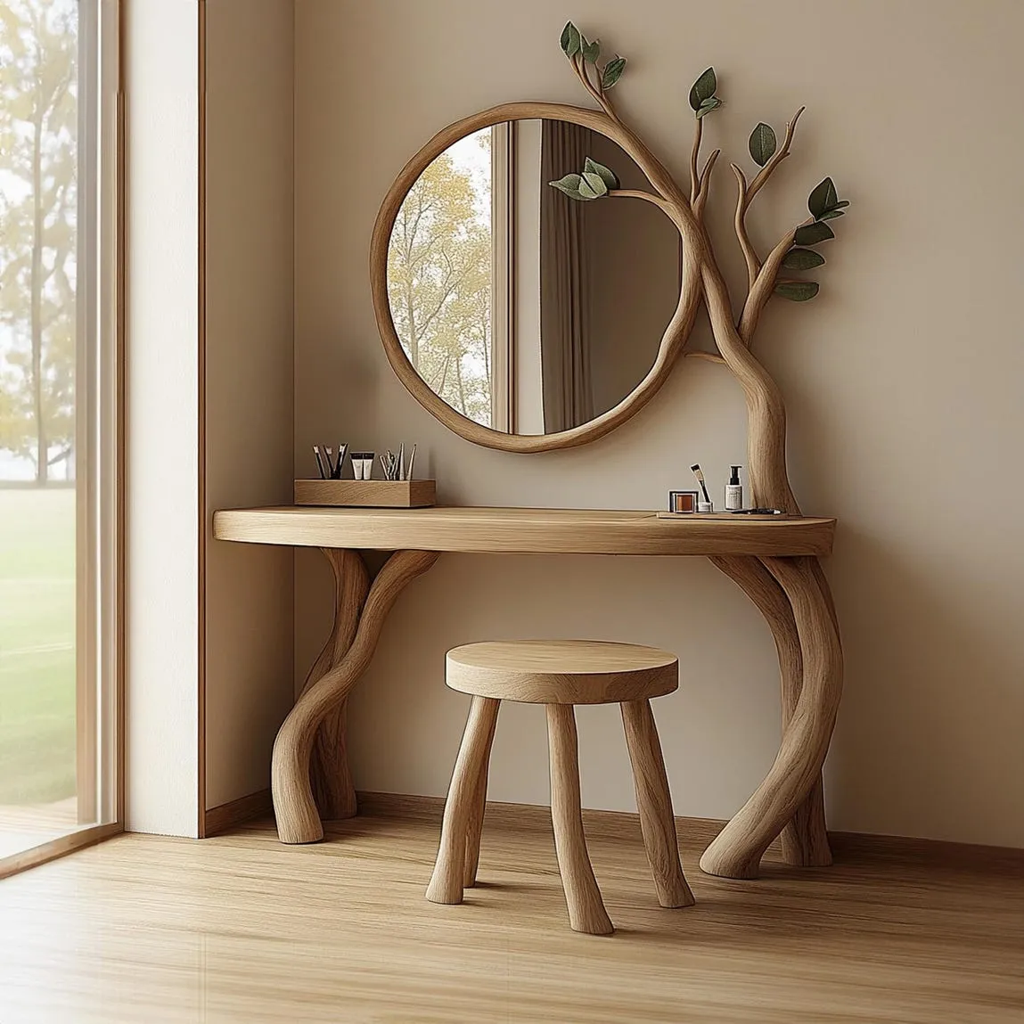 Custom dressing table solid wood mirror vanity table handmade unique grain wood bathroom wall art gift for her - Image 6