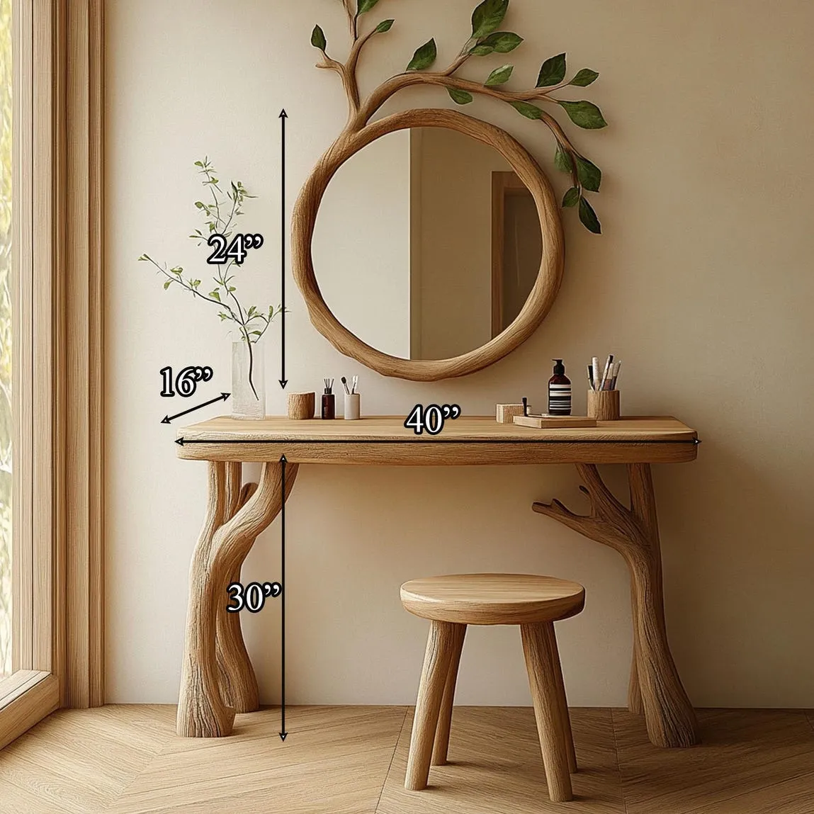 Unique Tree Branch Vanity Table & Mirror Set Handmade Solid Wood Dressing Table Rustic Natural Wood Furniture Gift for Her - Image 4