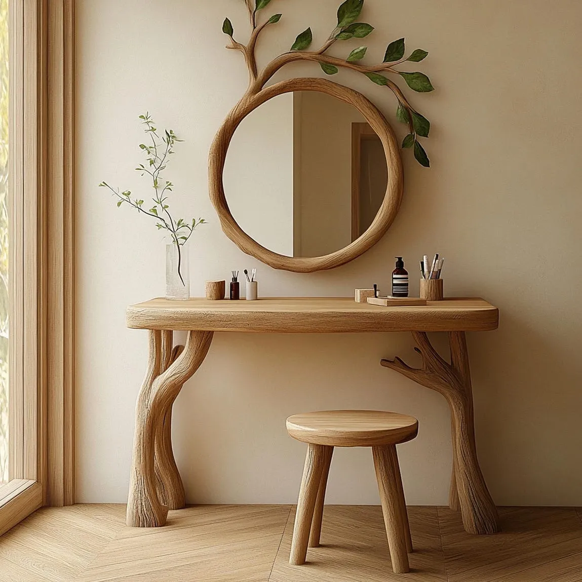 Unique Tree Branch Vanity Table & Mirror Set Handmade Solid Wood Dressing Table Rustic Natural Wood Furniture Gift for Her - Image 5