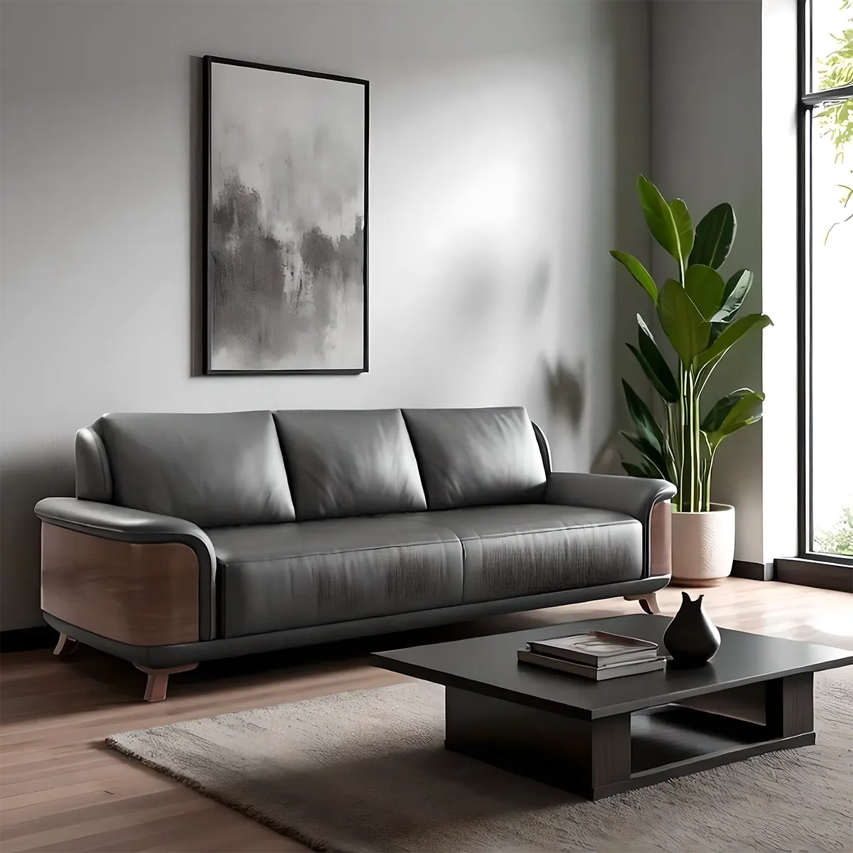 Ash Wood Sofa Covered With High-Quality Black Leather