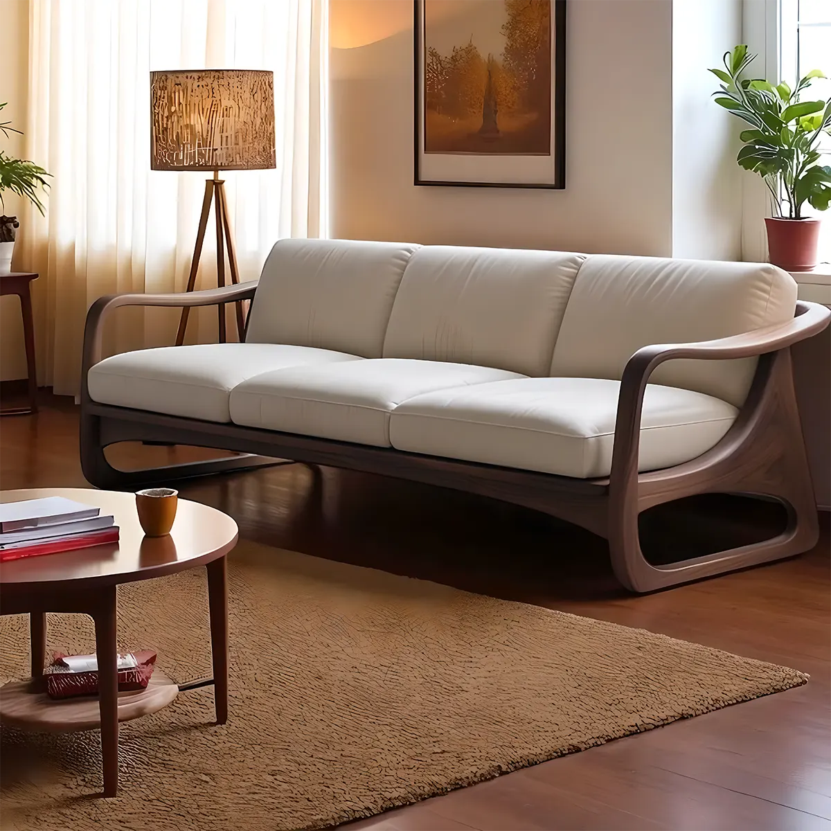 Ash Wood Sofa with Curved Arm Design - Modern