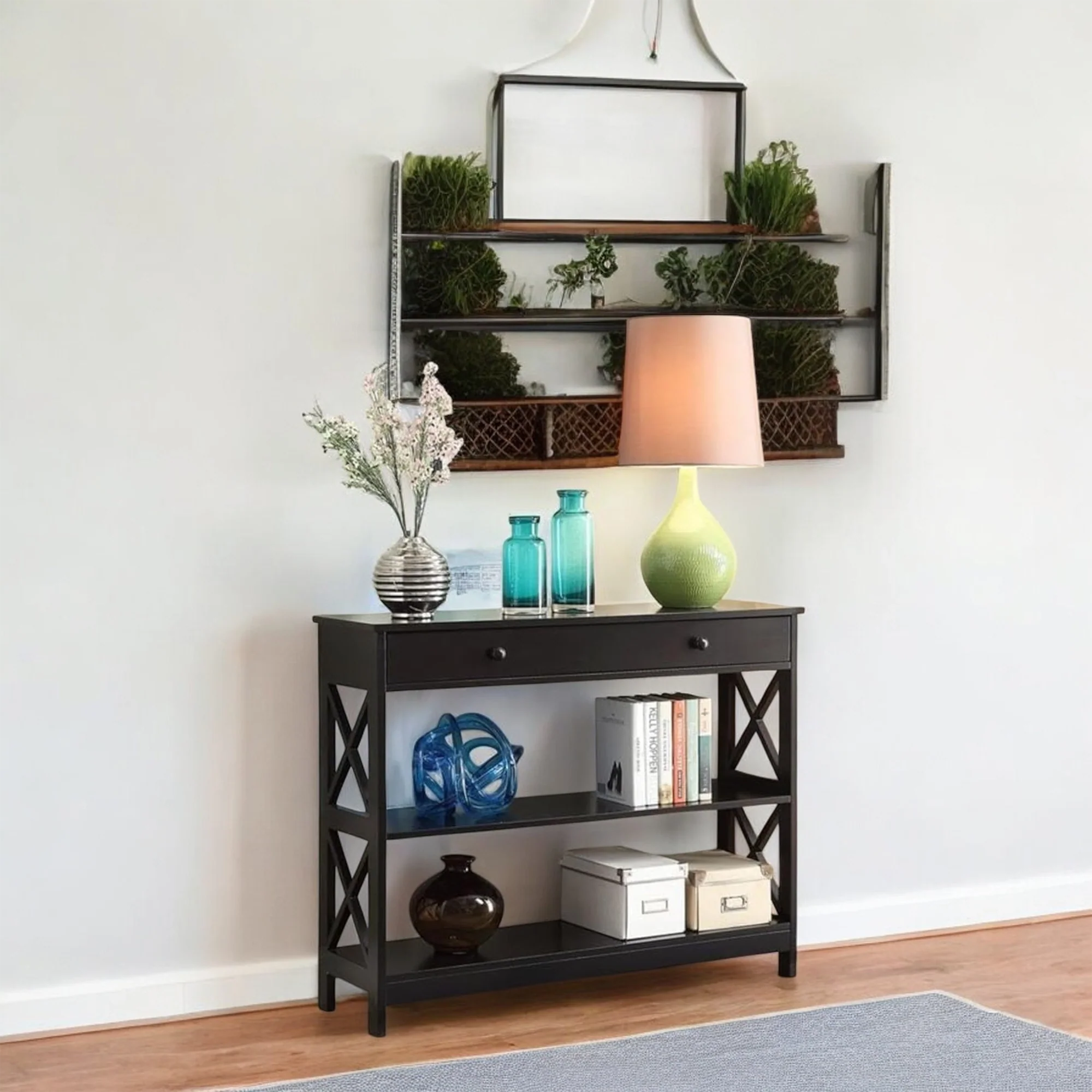 Black Console Table with Drawer and Open Shelves Elegant Accent
