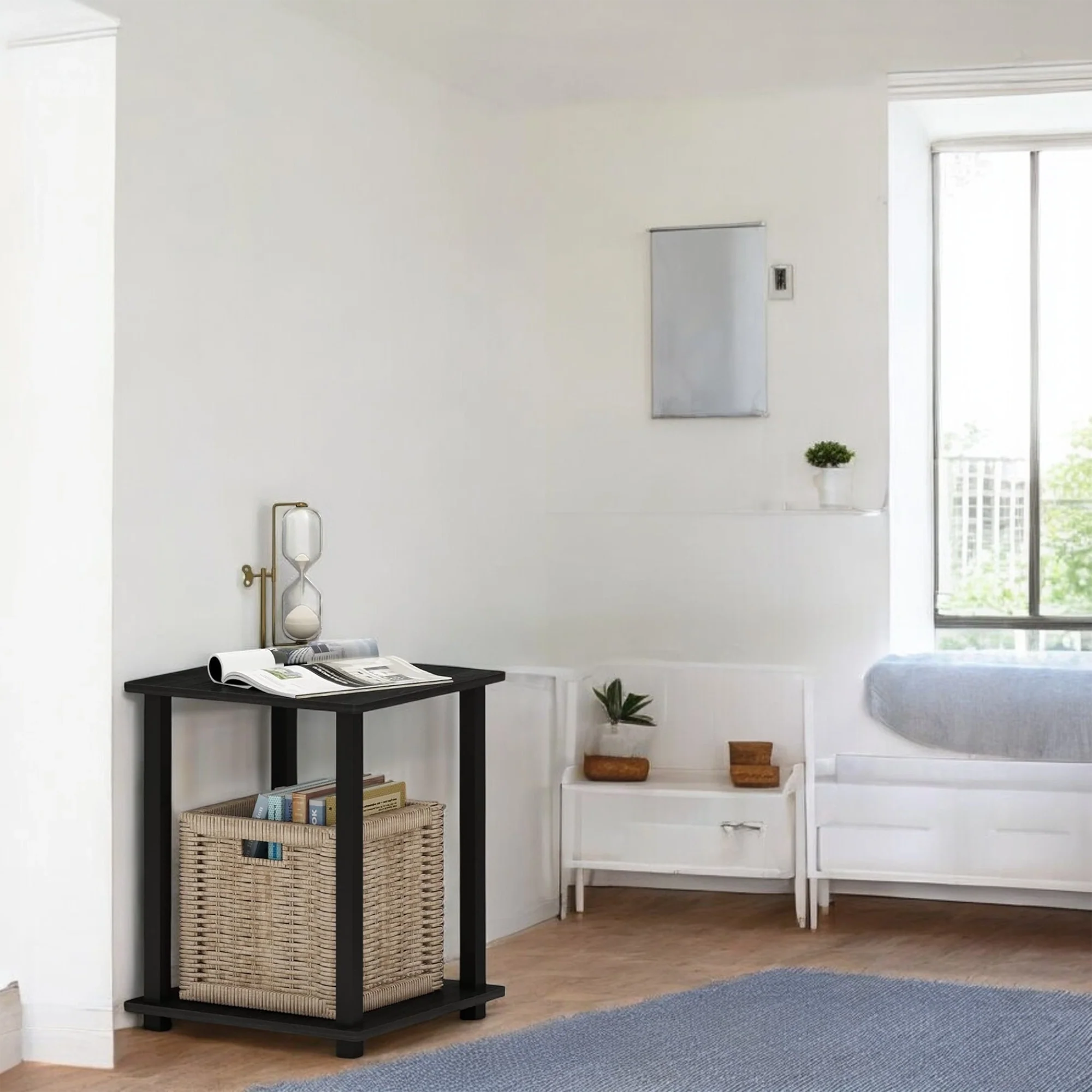 Black Side Table with Woven Basket Storage Modern Minimalist Style