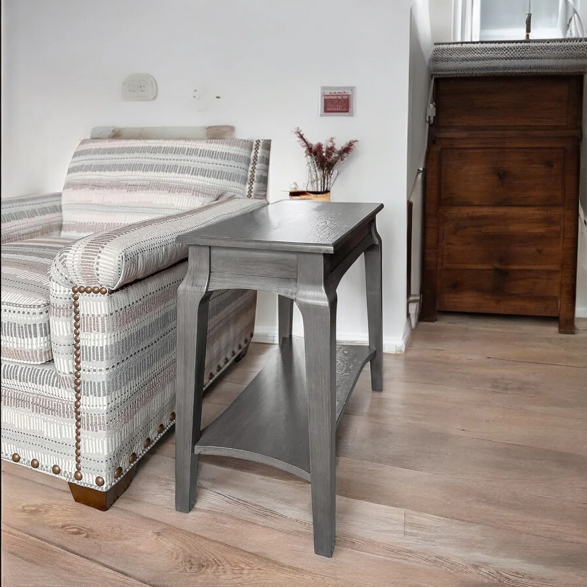Elegant Gray Wood Side Table with Shelf Classic Accent Table