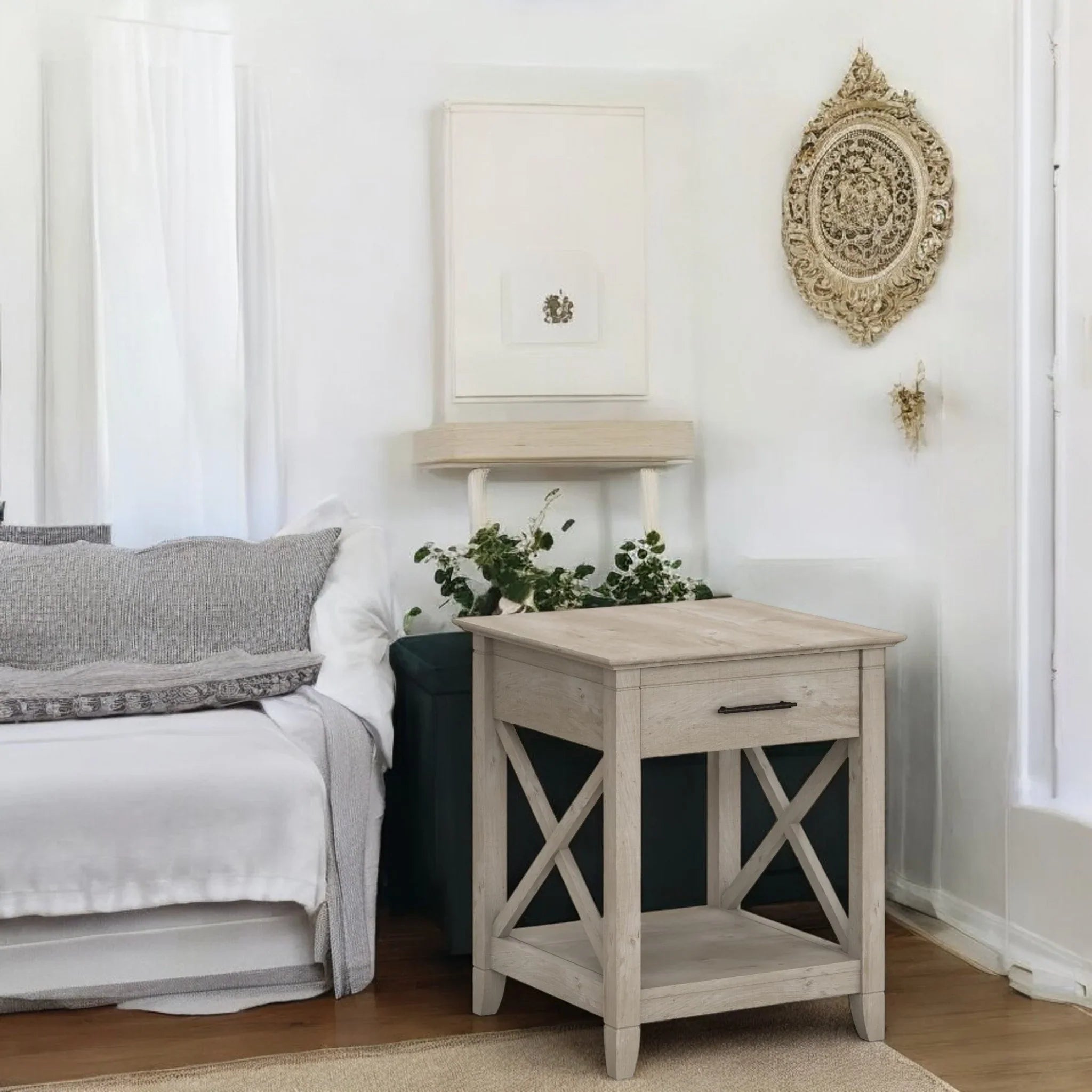 Farmhouse Style Light Wood Nightstand with Drawer and Shelf