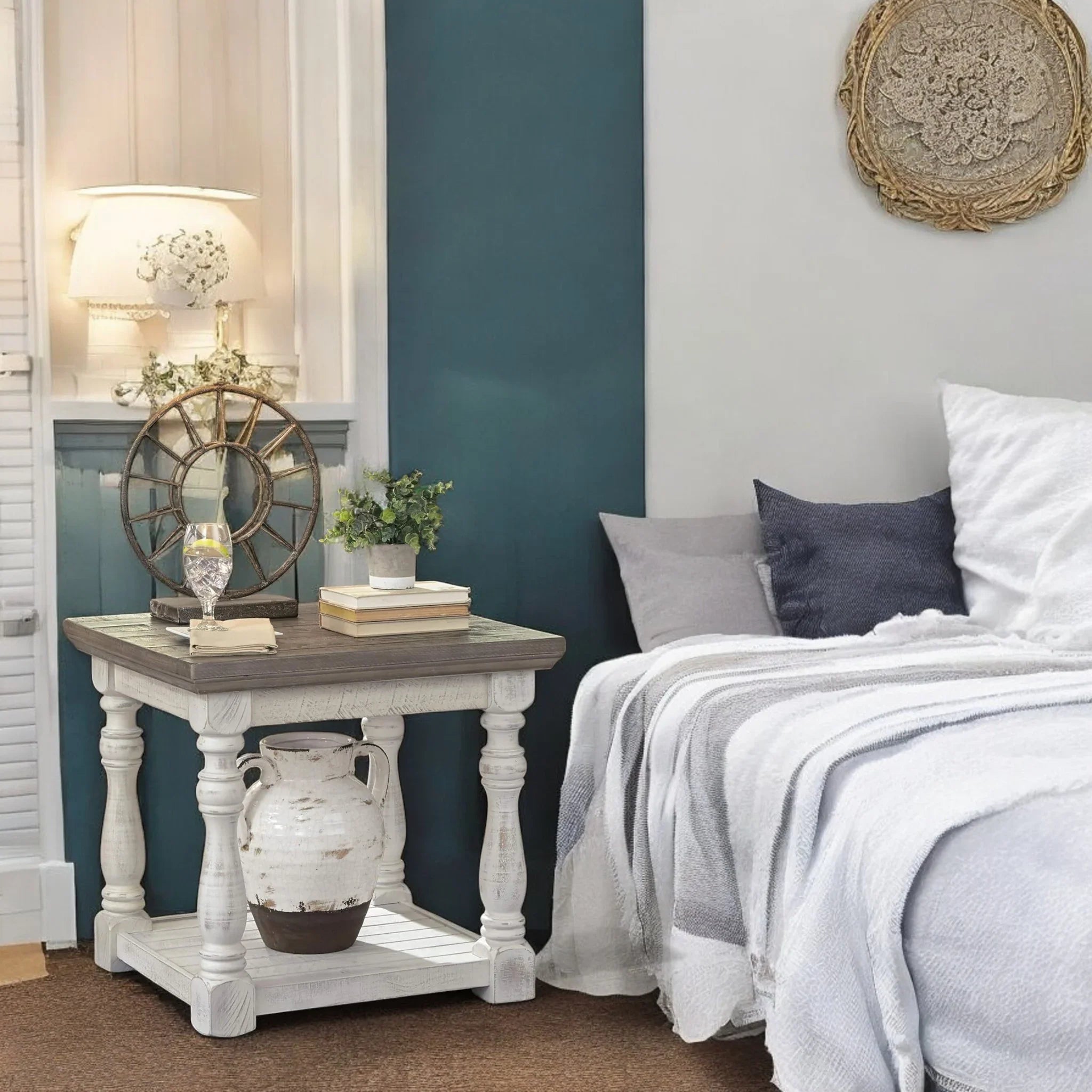 French Country Farmhouse End Table Vintage White & Grey Wood