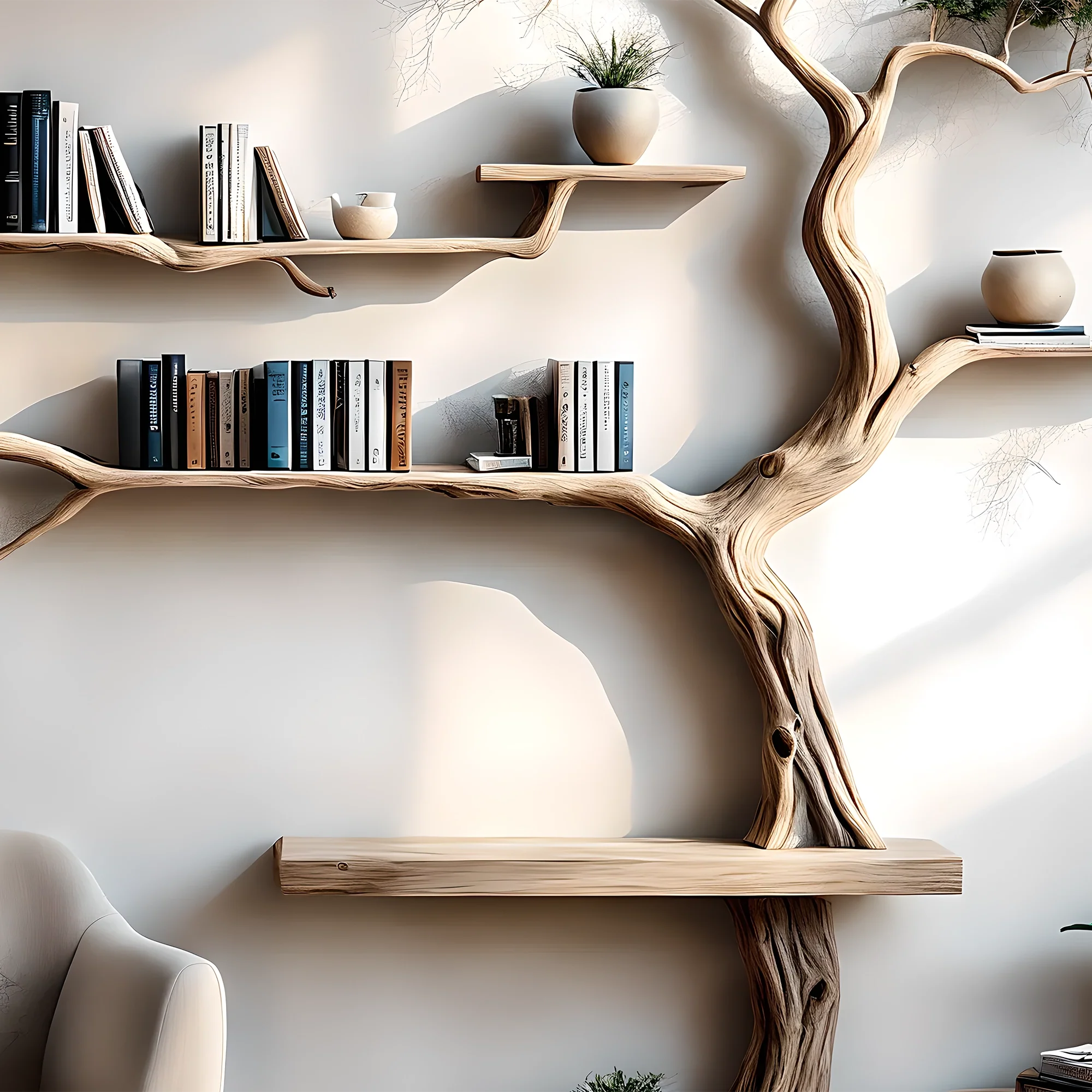 Handmade Wall-Mounted Tree Branch Bookshelf, Solid Wood for Interior Decoration