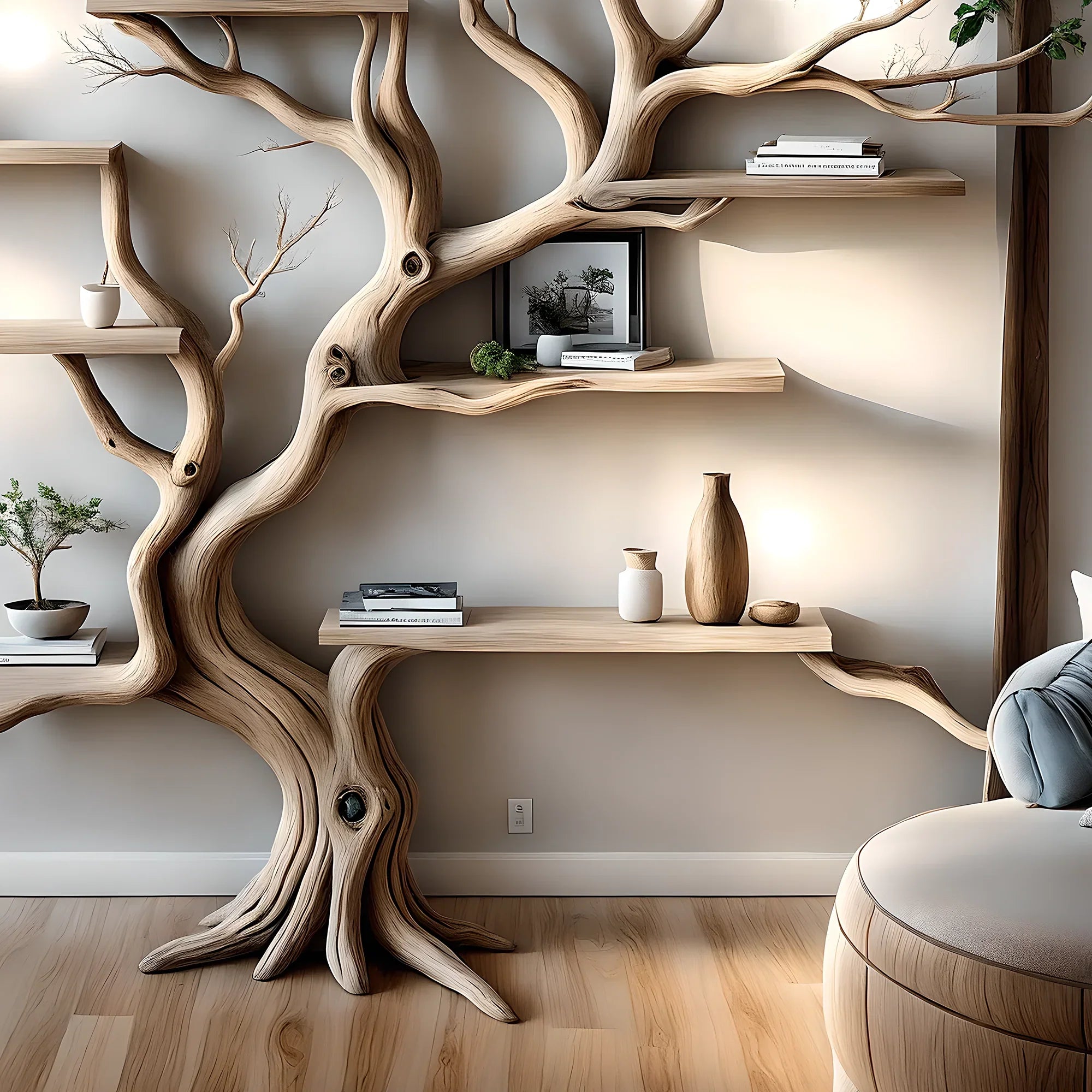 Handmade wooden bookshelf, Tree branch bookshelf, Living room decoration, Office decoration, Natural wood, Floating shelf