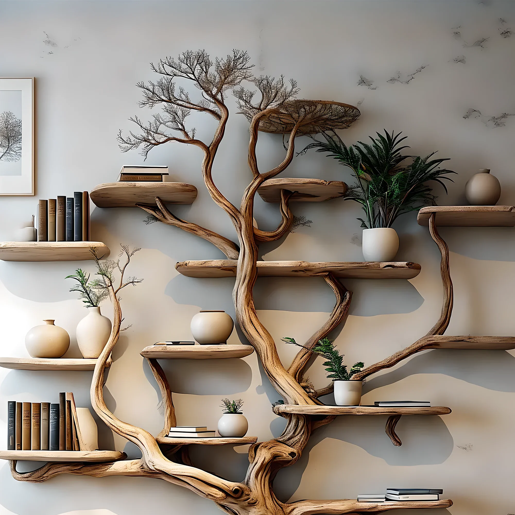 Handmade wooden tree branch bookshelf from solid natural wood, floating shelf, children's room decoration