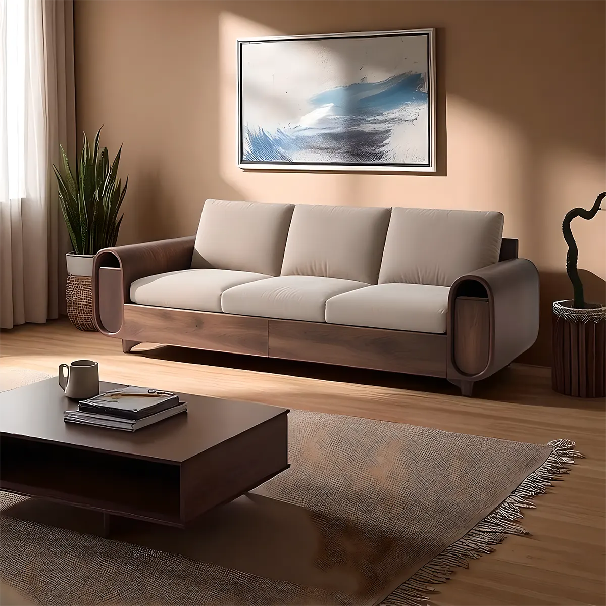 High-class Ash Wood Sofa - Modern Rounded Design