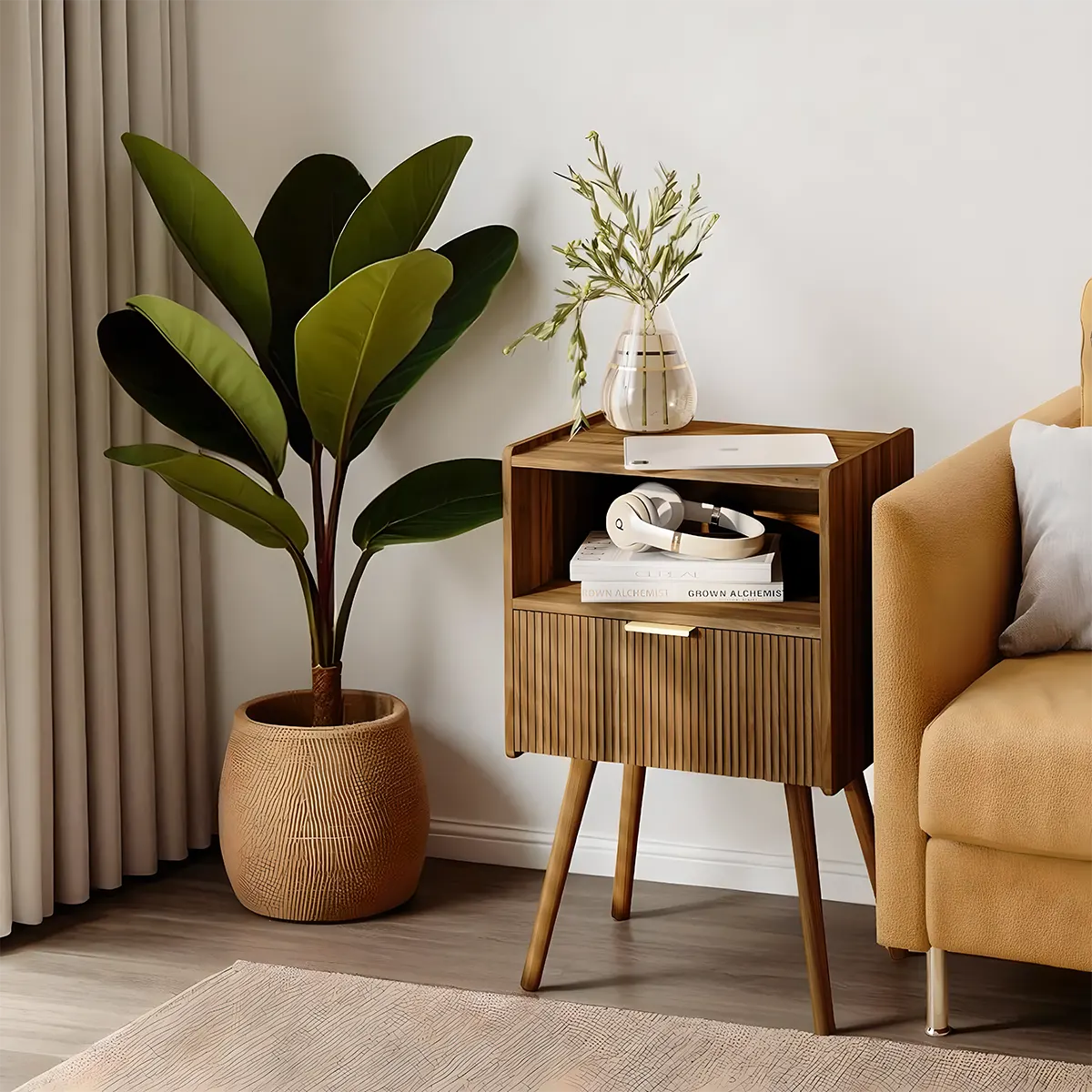Mid‑Century Brown Wood End Table Refined Retro Bedside Shelf