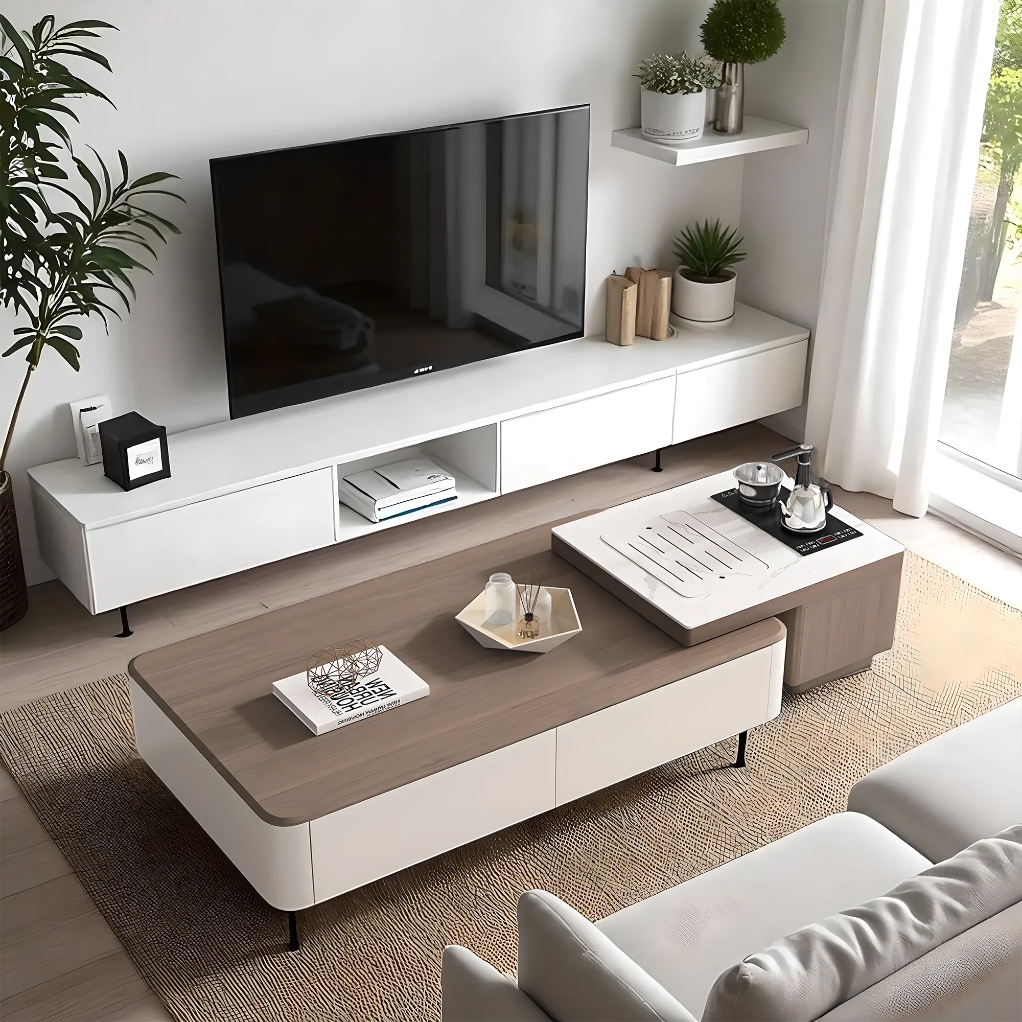 Modern Coffee Table & TV Stand Combo Dual Storage Design