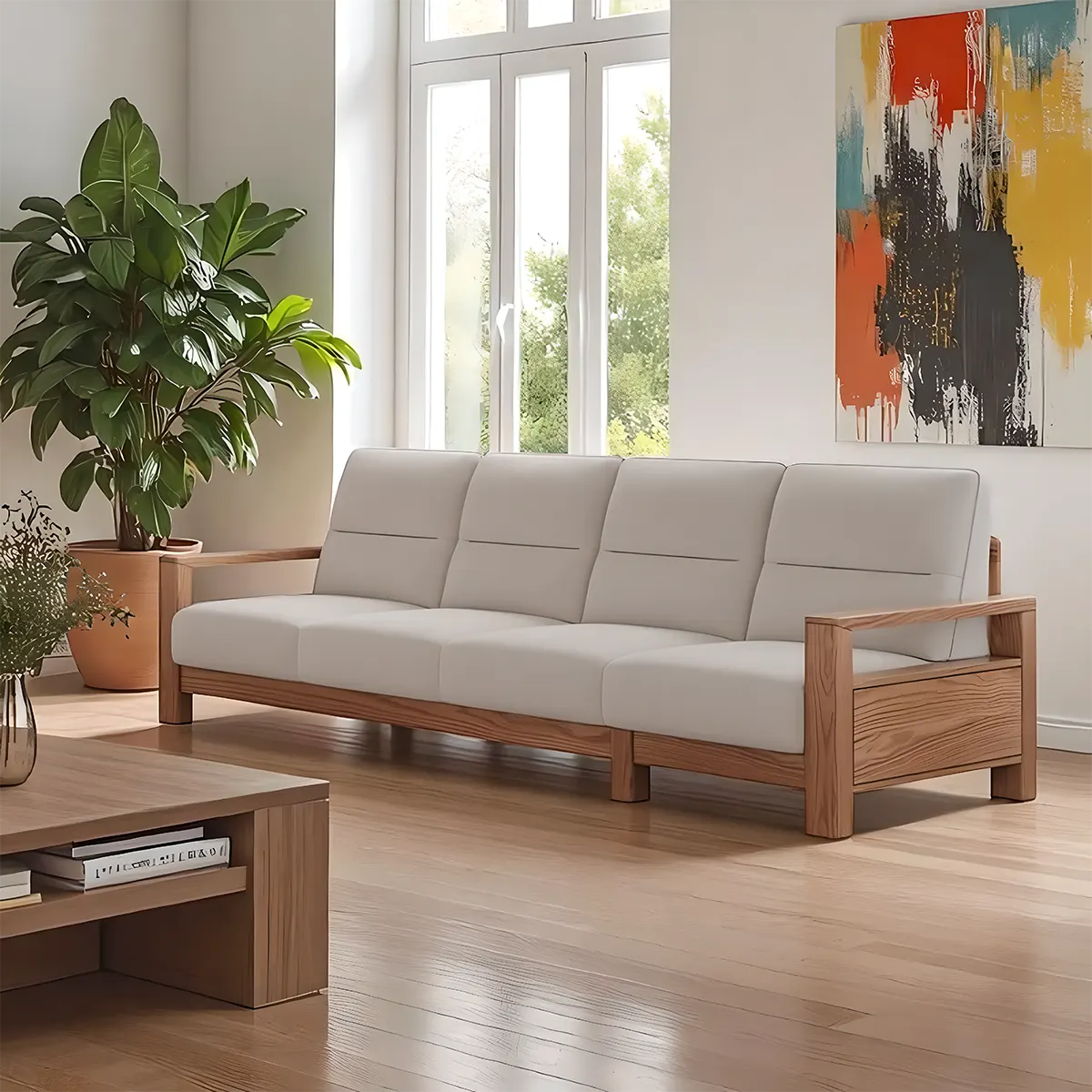 Natural Ash Wood Sofa Covered with High-Quality Fabric