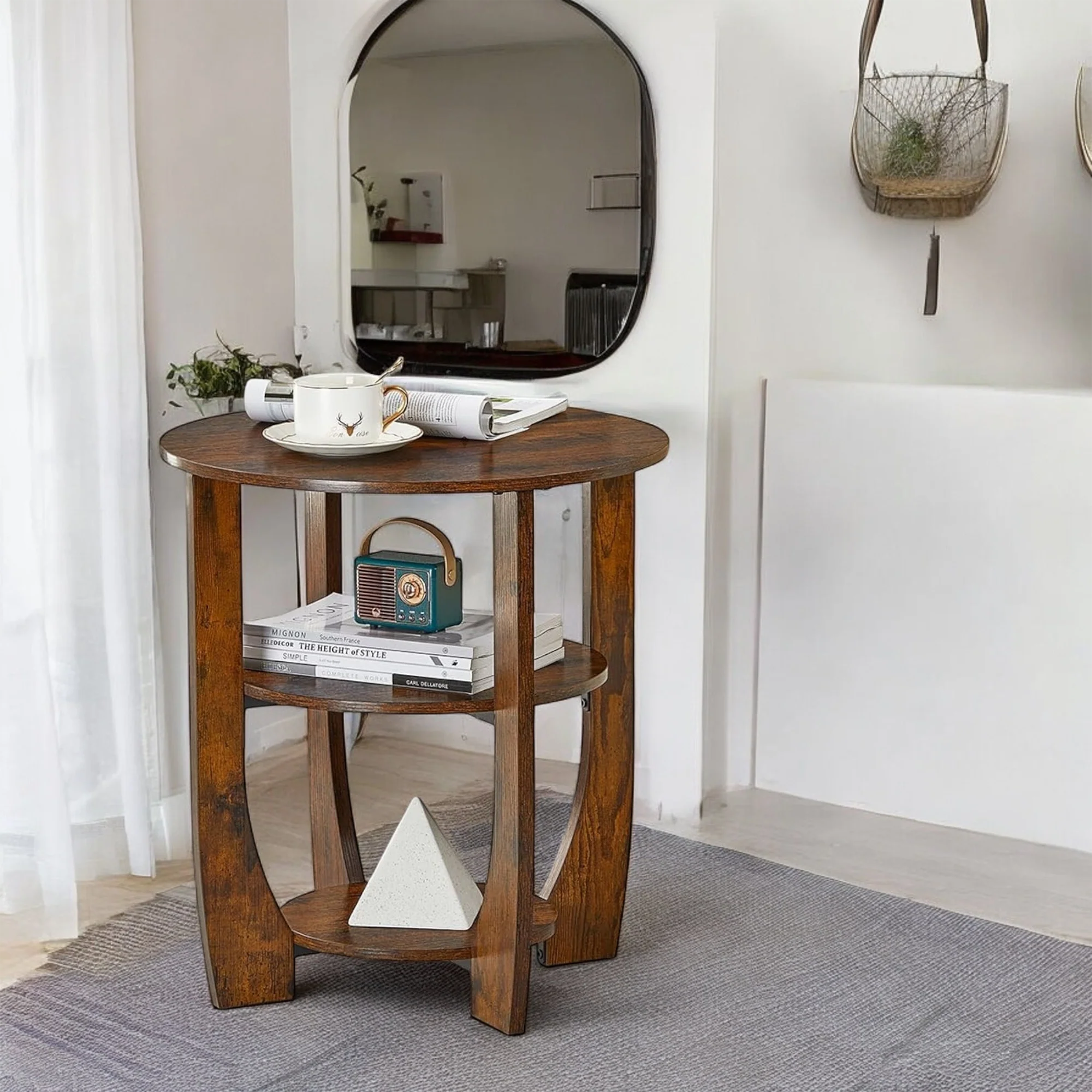 Round Wooden Side Table with Storage Shelves