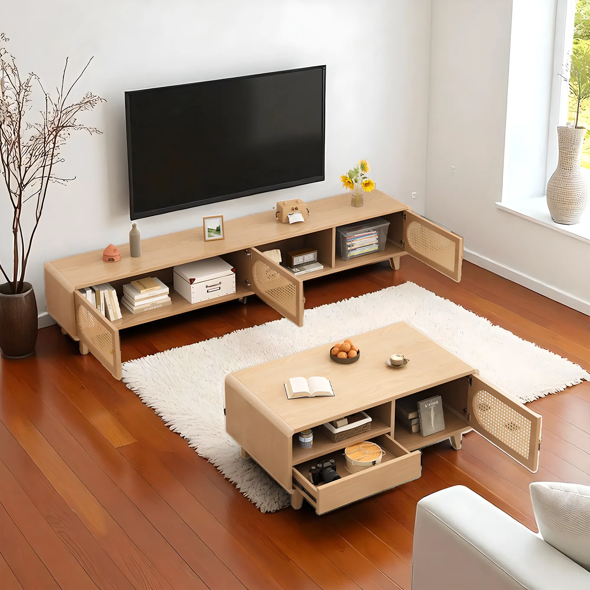 Solid Wood & Rattan TV Stand and Coffee Table Set Modern Look