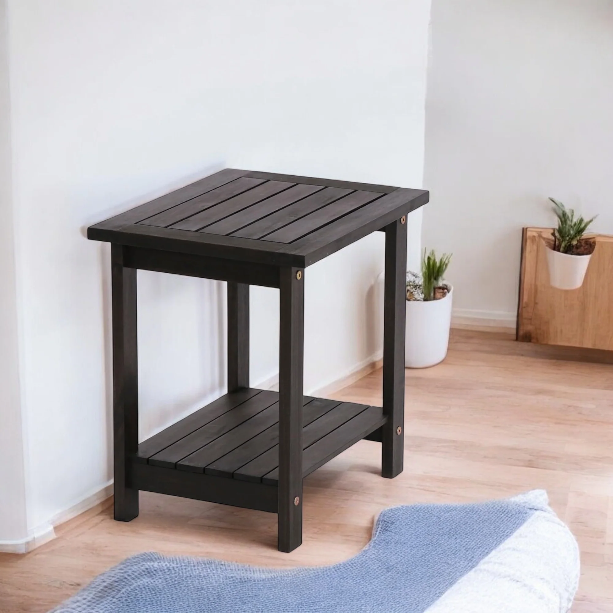 Solid Wood Side Table with Shelf Natural Finish Accent Table