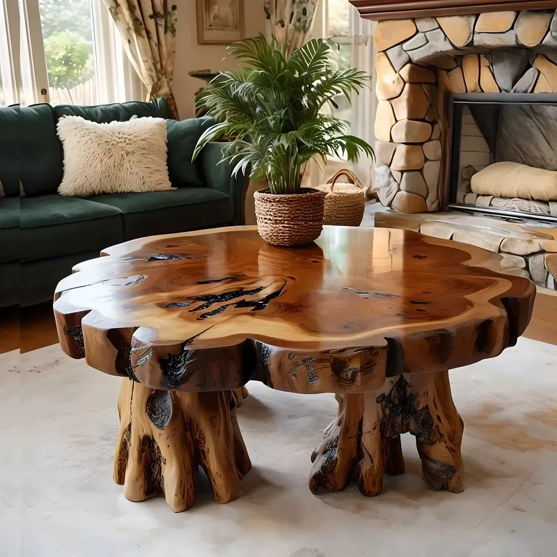 Round Driftwood Coffee Table Handmade Solid Wood Modern Design