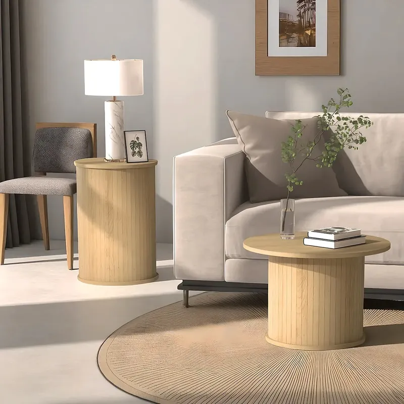 Natural Wood Round Coffee Table Set – Large Size 55cm & Small Size 38cm