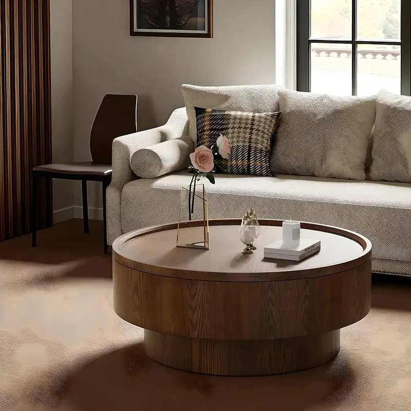 Natural Wood Round Coffee Table – Hidden Storage Shelf, Modern Design