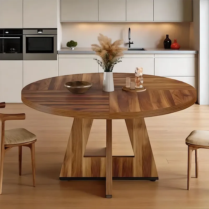 Modern Round Wooden Dining Table Elegant T-Shaped Pedestal Base for Stylish Dining Spaces