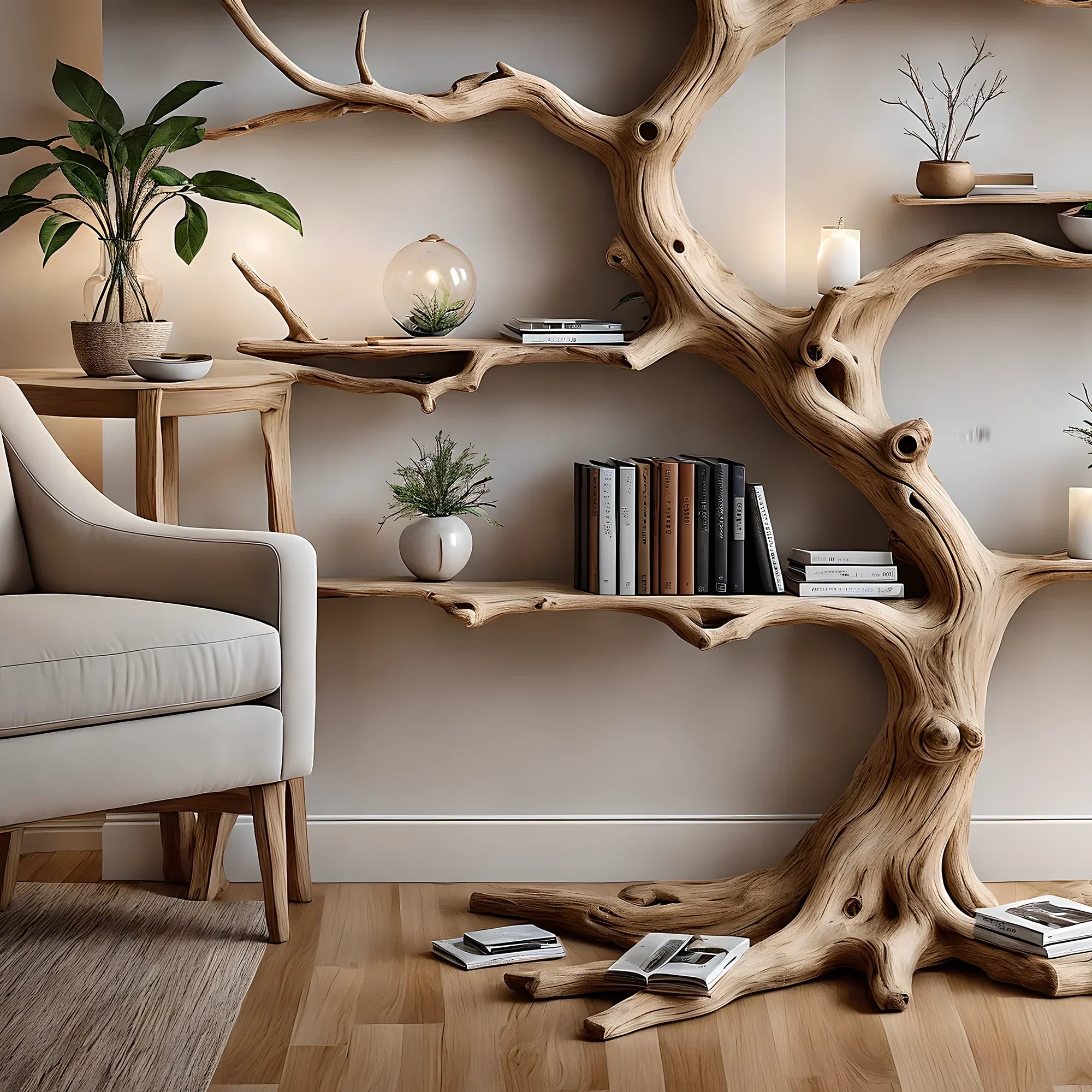Tree-shaped driftwood bookshelf, solid wood bookshelf, perennial wood bookshelf, living room decoration shelf, home decoration