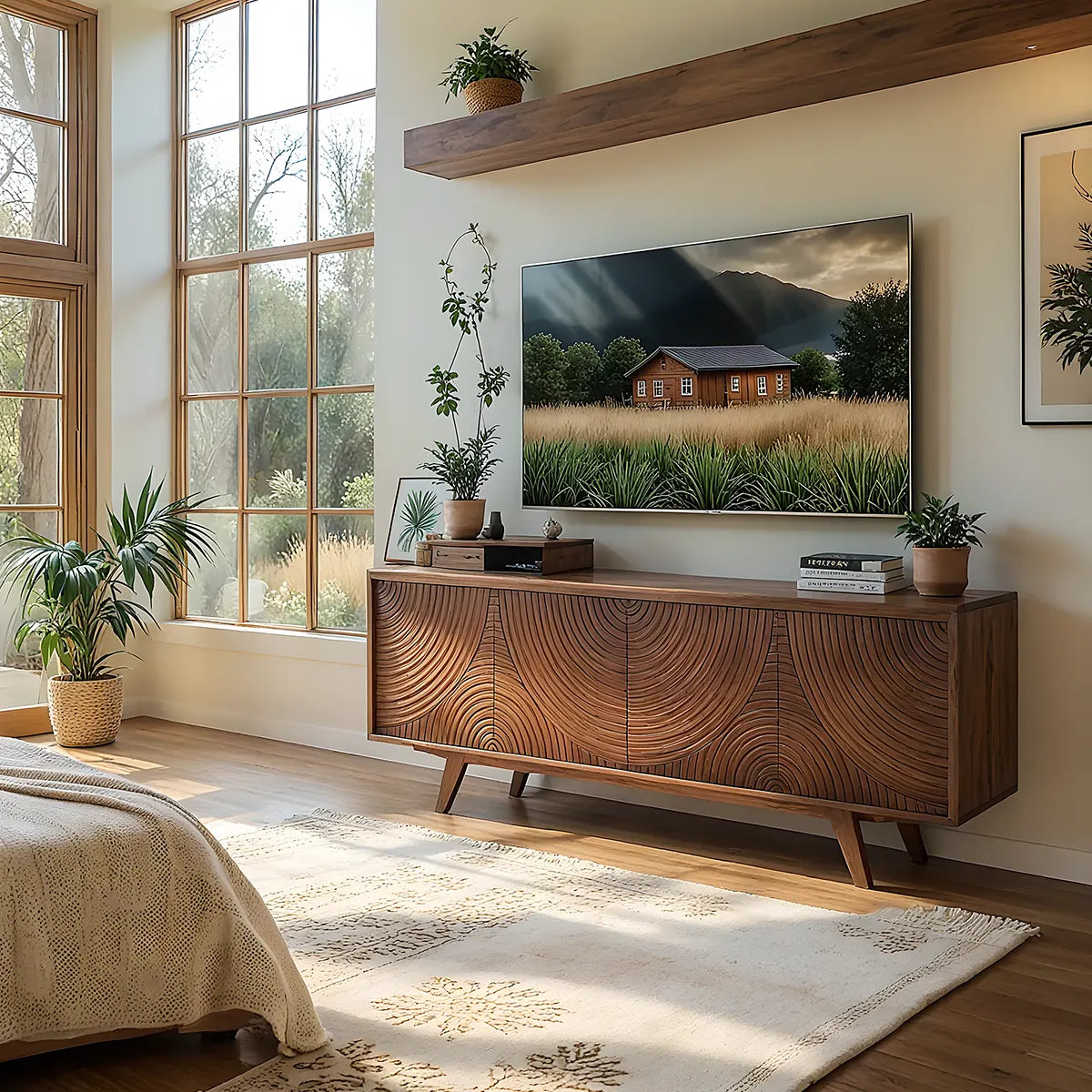 Solid Wood TV Stand with Cabinet & Storage Baskets Mid-Century Modern Entertainment Center for Living Room