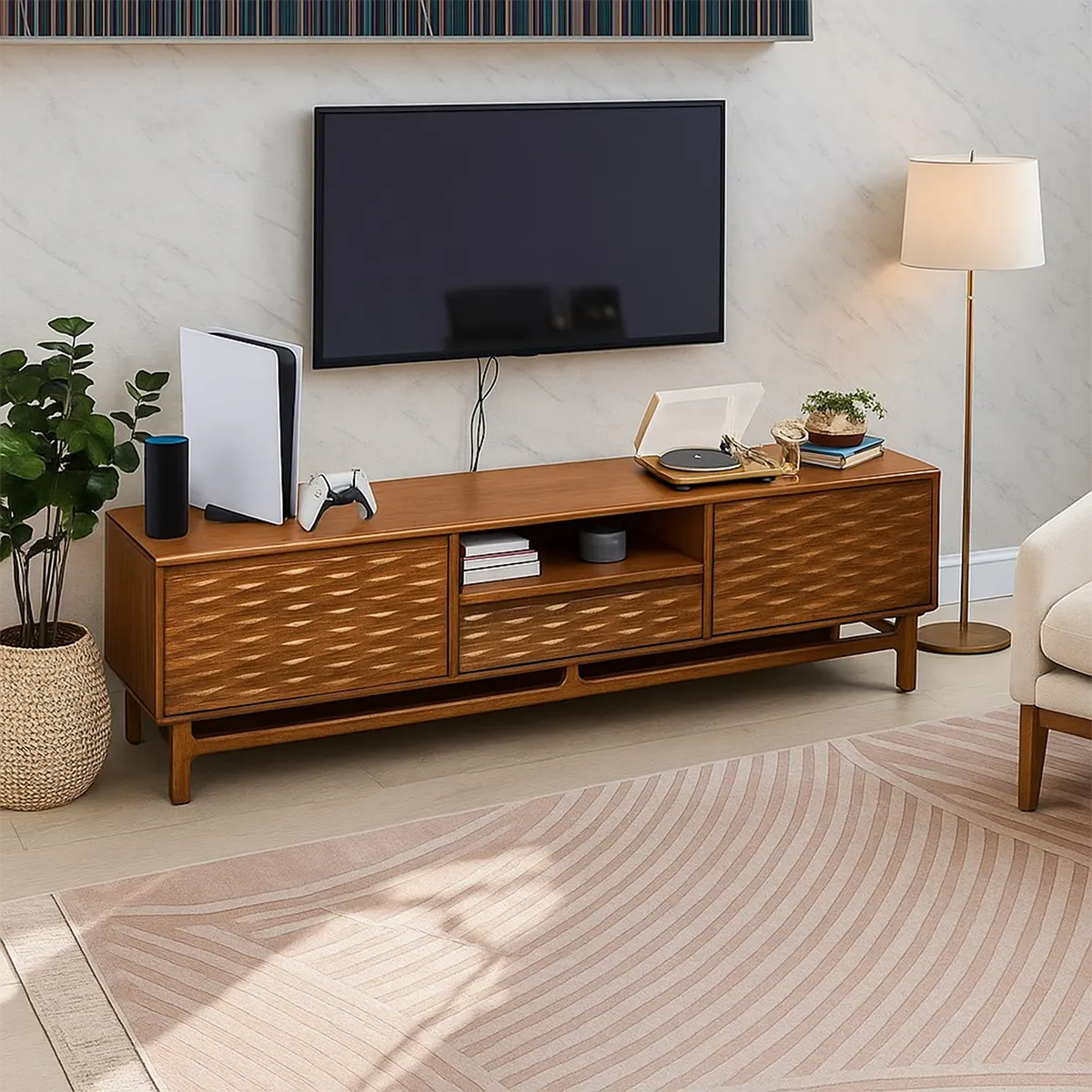 Modern wooden TV shelf Delicate wave design, with drawers and storage shelves