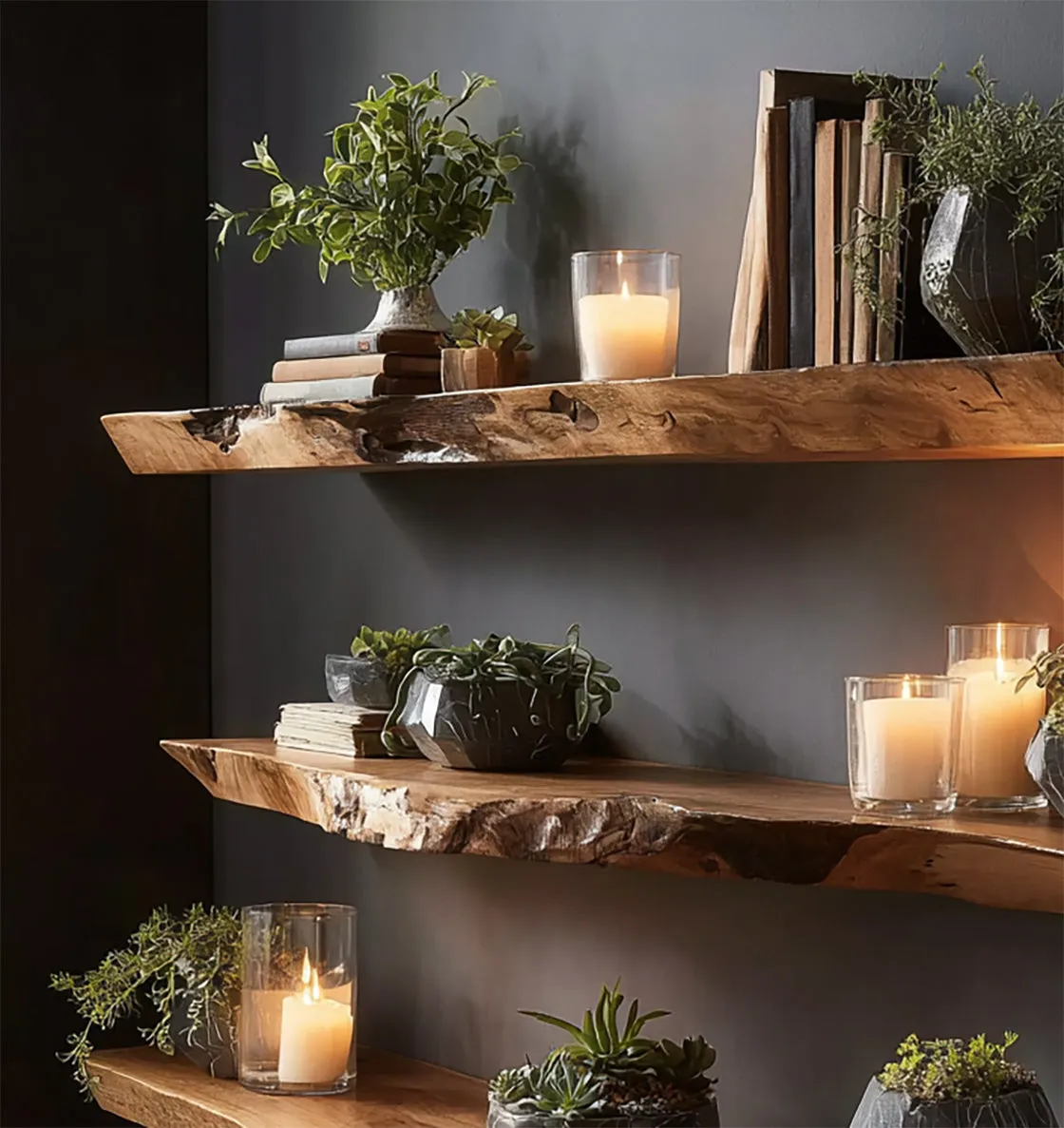 Handmade Live Edge Wooden Floating Shelves – Solid Wood Wall Shelf Set - Image 2