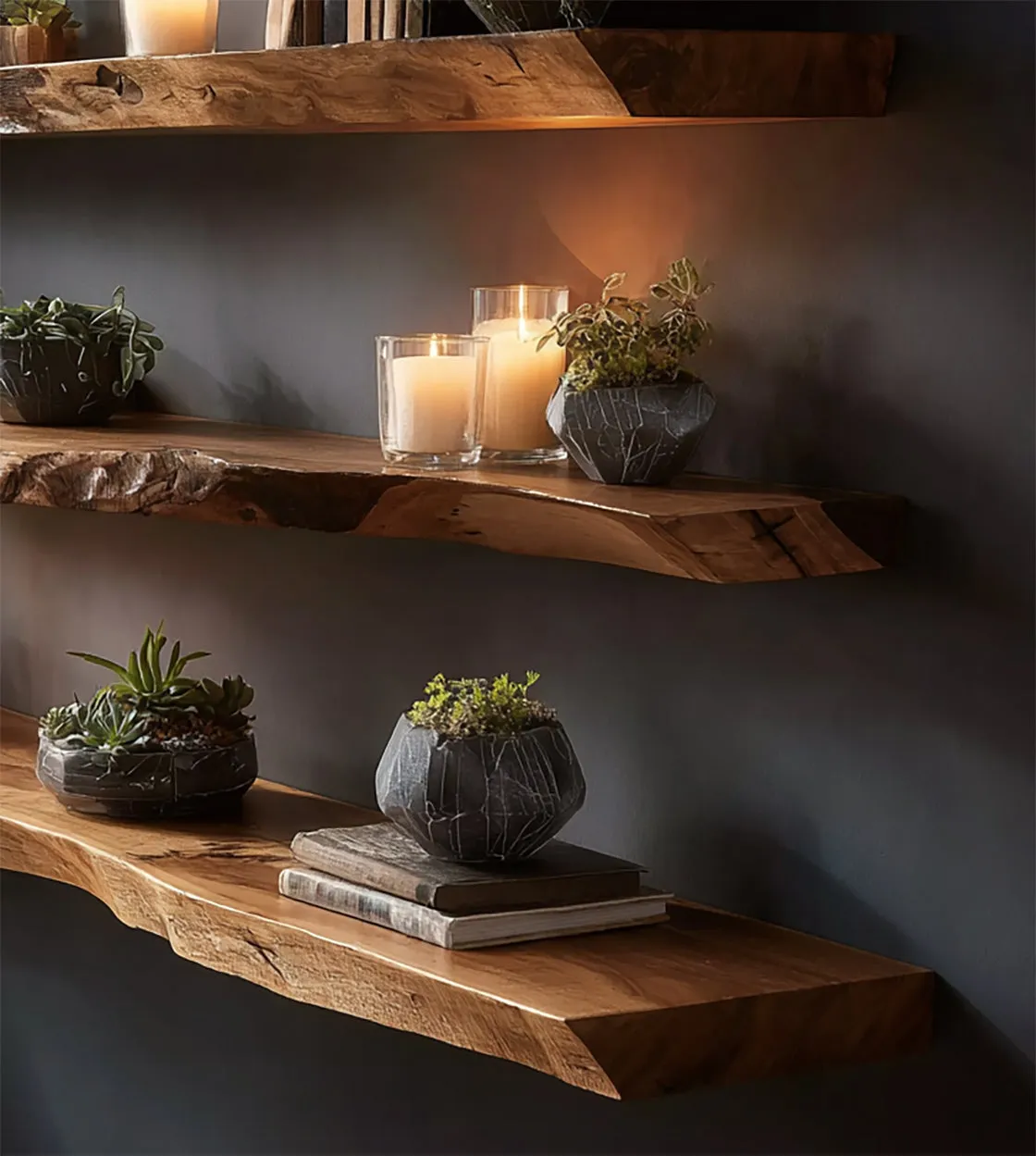 Handmade Live Edge Wooden Floating Shelves – Solid Wood Wall Shelf Set - Image 3