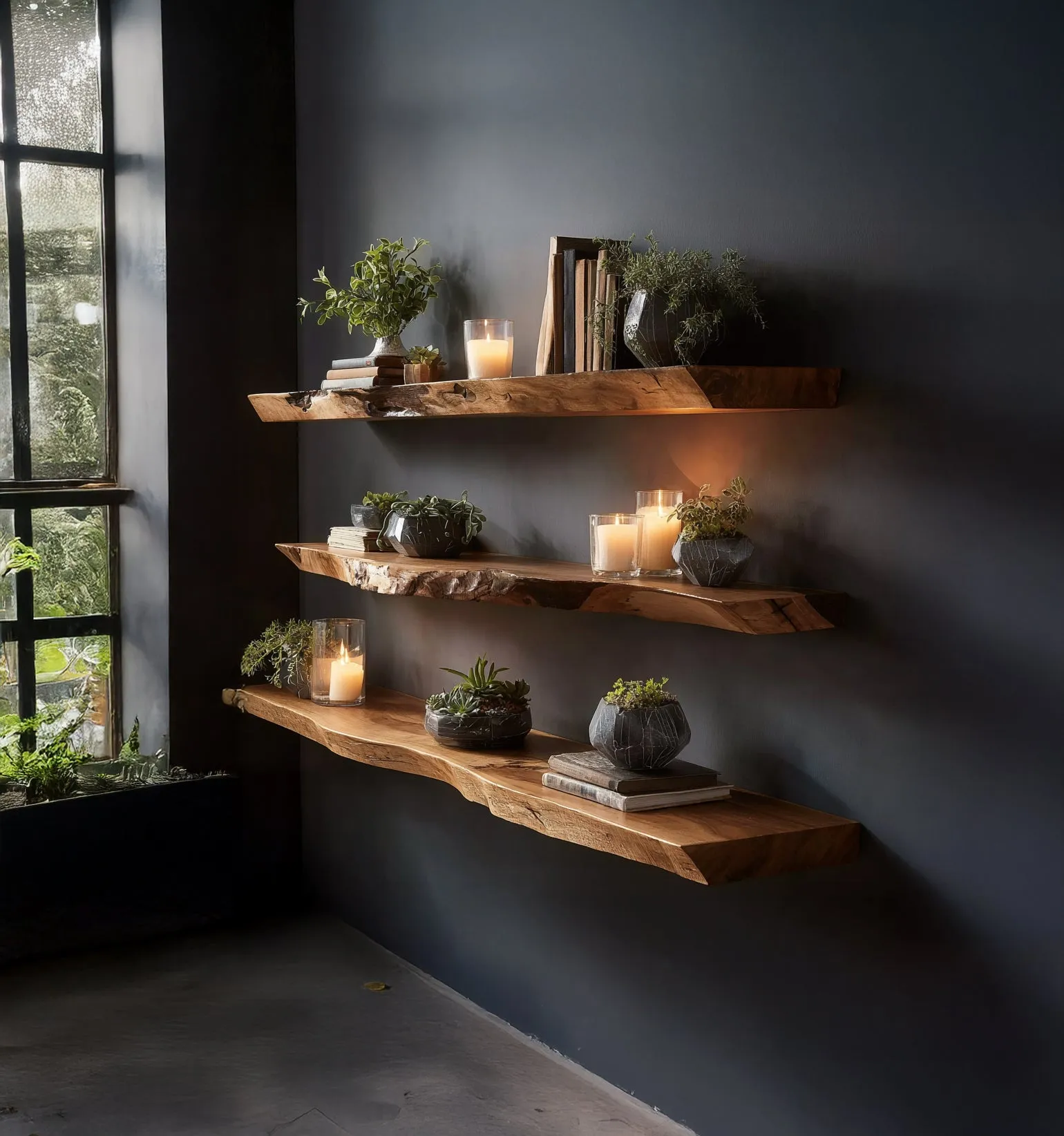 Handmade Live Edge Wooden Floating Shelves – Solid Wood Wall Shelf Set - Image 4