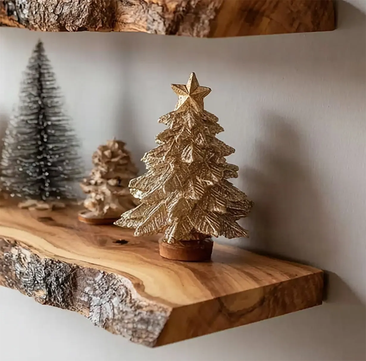 Rustic Live Edge Wooden Floating Shelves – Handmade Solid Wood Wall Shelf Set for Holiday Decor - Image 2