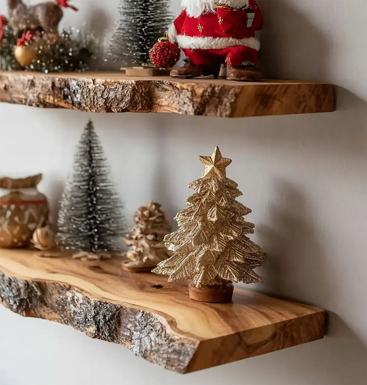 Rustic Live Edge Wooden Floating Shelves – Handmade Solid Wood Wall Shelf Set for Holiday Decor - Image 3