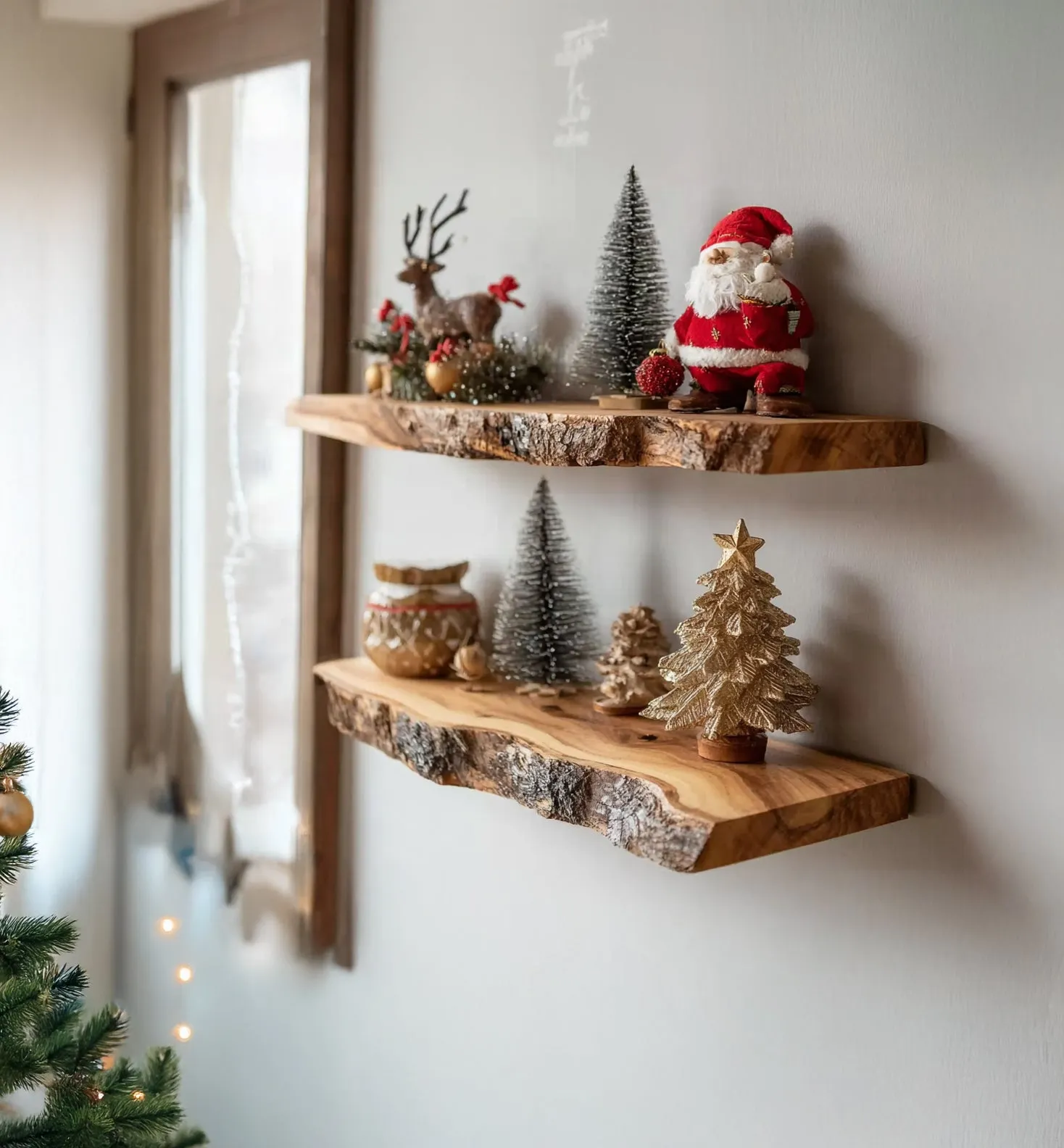 Rustic Live Edge Wooden Floating Shelves – Handmade Solid Wood Wall Shelf Set for Holiday Decor - Image 4