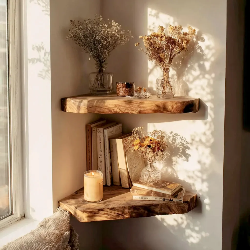 Farmhouse Floating Corner Shelf – Live Edge Wall Shelf, Rustic Walnut Bookshelves