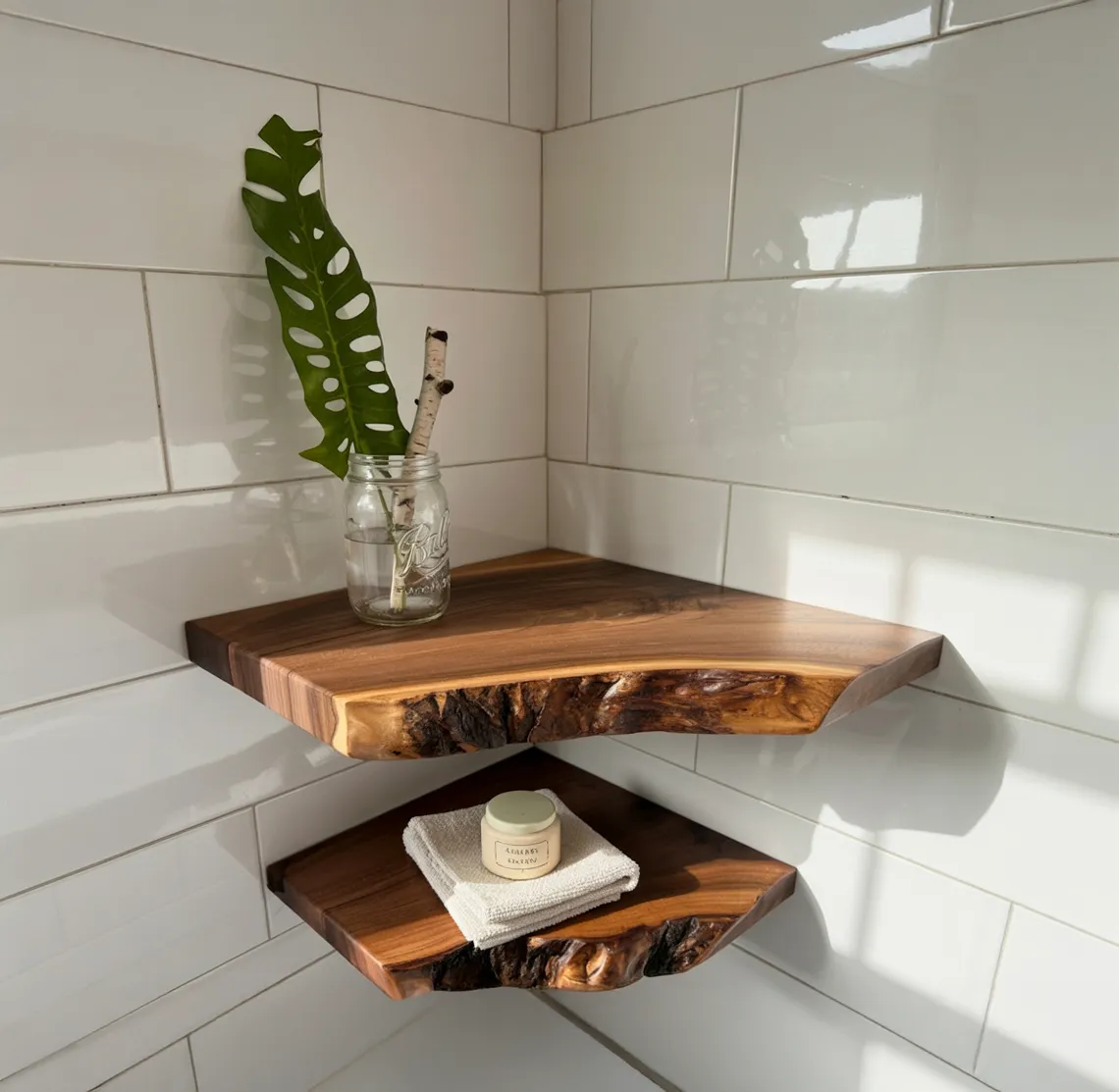 Corner Live Edge Wooden Floating Shelf – Rustic Walnut Christmas Décor & Gift - Image 3